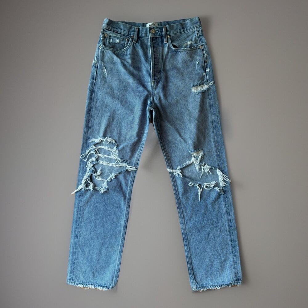Agolde 90s Pinch Waist Jeans 29 Blue Medium Wash High Rise Straight Distressed